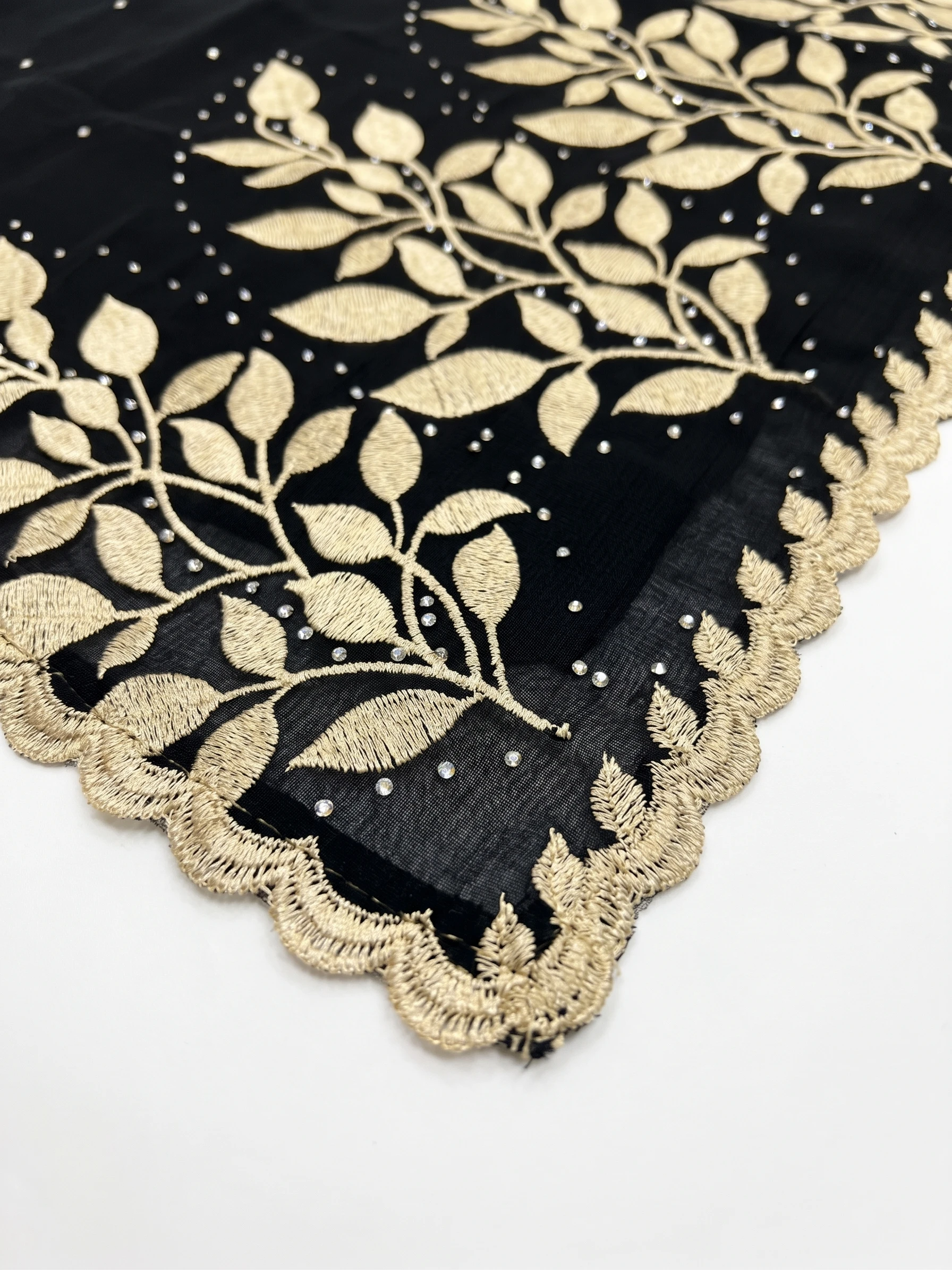 Embroidered Chiffon Shawl - Gold Leaf Branch Vine - Image 2