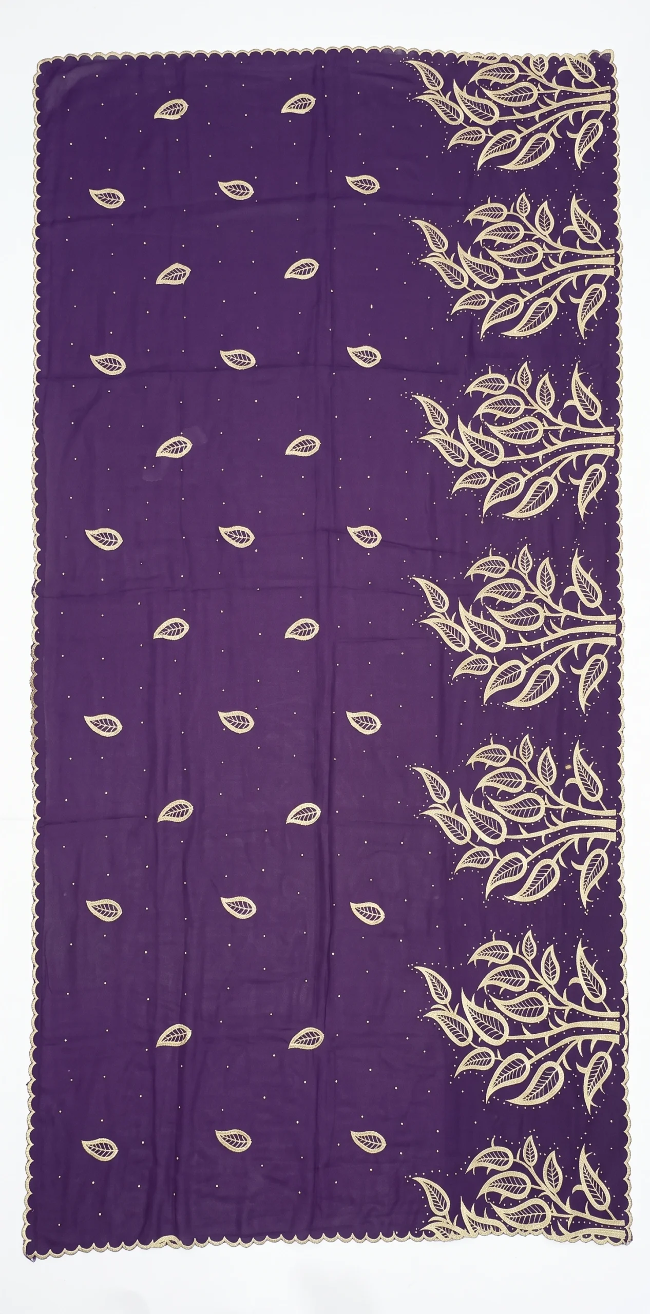 Embroidered Chiffon Shawl - Gold Leafy Tree Motif - Image 3