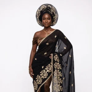 Embroidered Chiffon Shawl - Gold Leaf Branch Vine