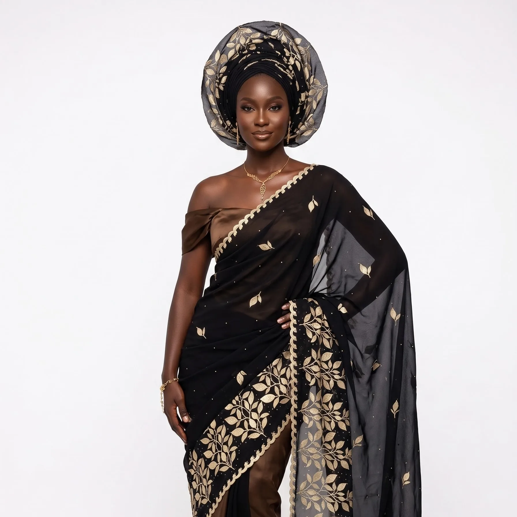 Embroidered Chiffon Shawl - Gold Leaf Branch Vine
