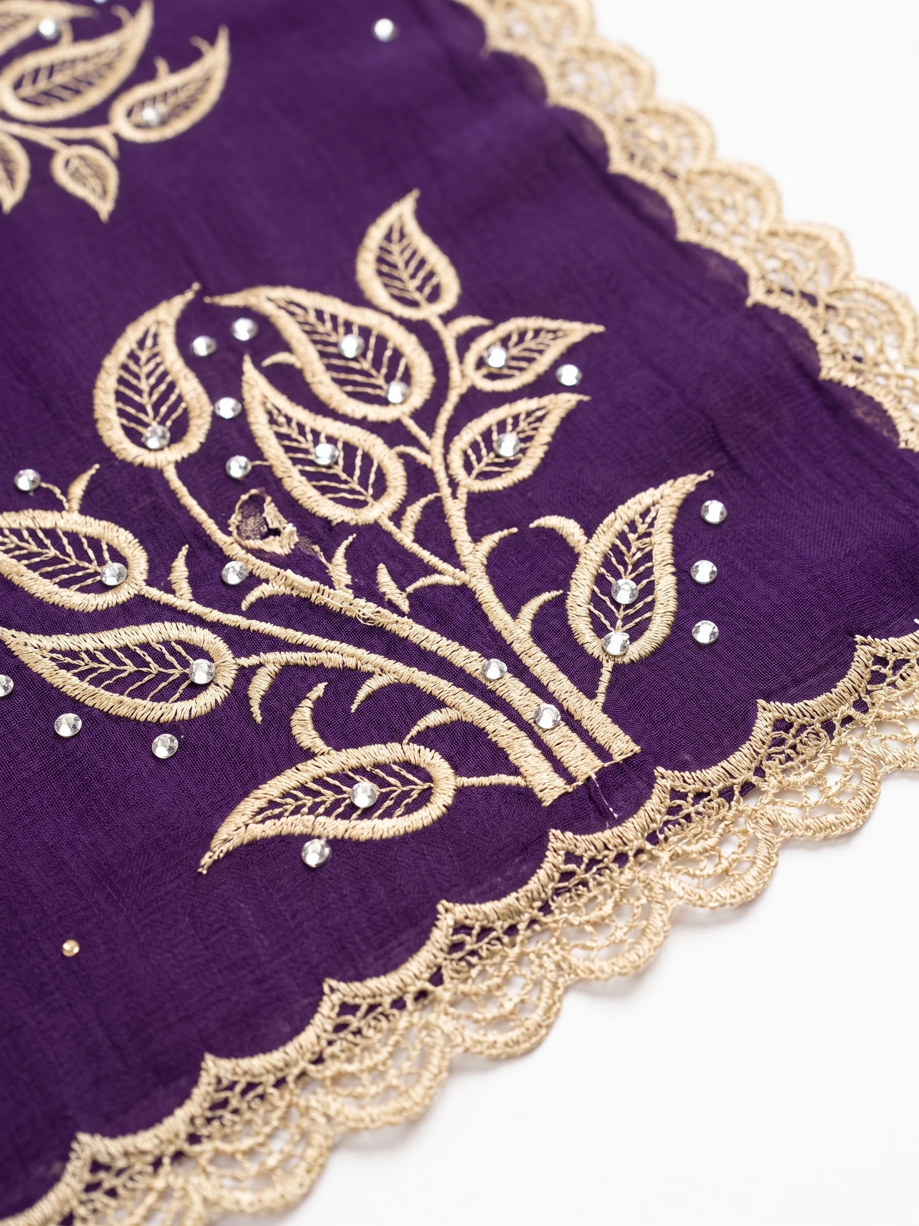 Embroidered Chiffon Shawl - Gold Leafy Tree Motif - Image 2