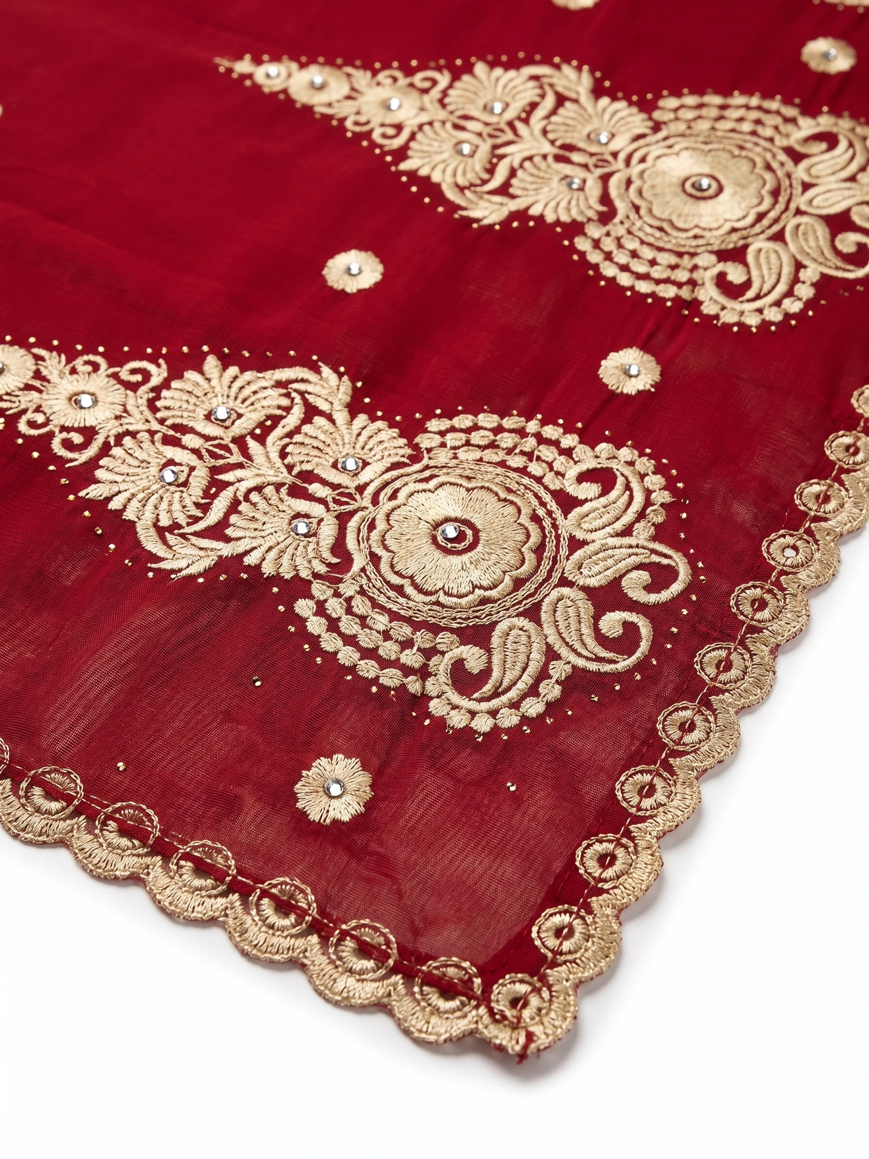 Embroidered Chiffon Shawl - Gold Medallion Flower Scroll Ring - Image 2