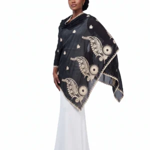 Embroidered Chiffon Shawl - Cream Floral Vine Sunflower